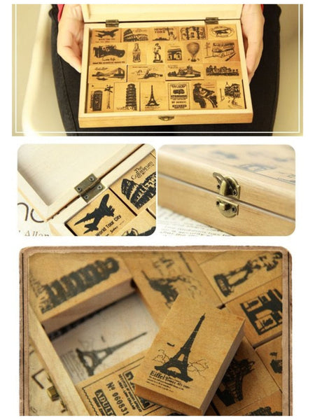 Wooden Cute Deco Rubber Stamp Set (1 wooden box, 21 stamps) eiffel towers, European holidays - CharmTape - 3