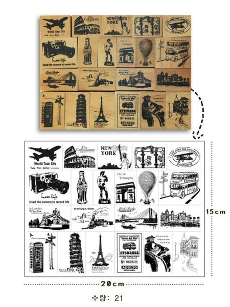 Wooden Cute Deco Rubber Stamp Set (1 wooden box, 21 stamps) eiffel towers, European holidays - CharmTape - 2