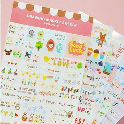 Journal Scrapbook Sticker Set Drawing Market Pink 6 sheets