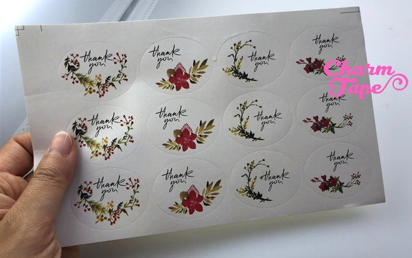 60/120ct "Thank you" Oval Floral Paper Stickers For Gift Packing Packaging 5/10 sheets GS019